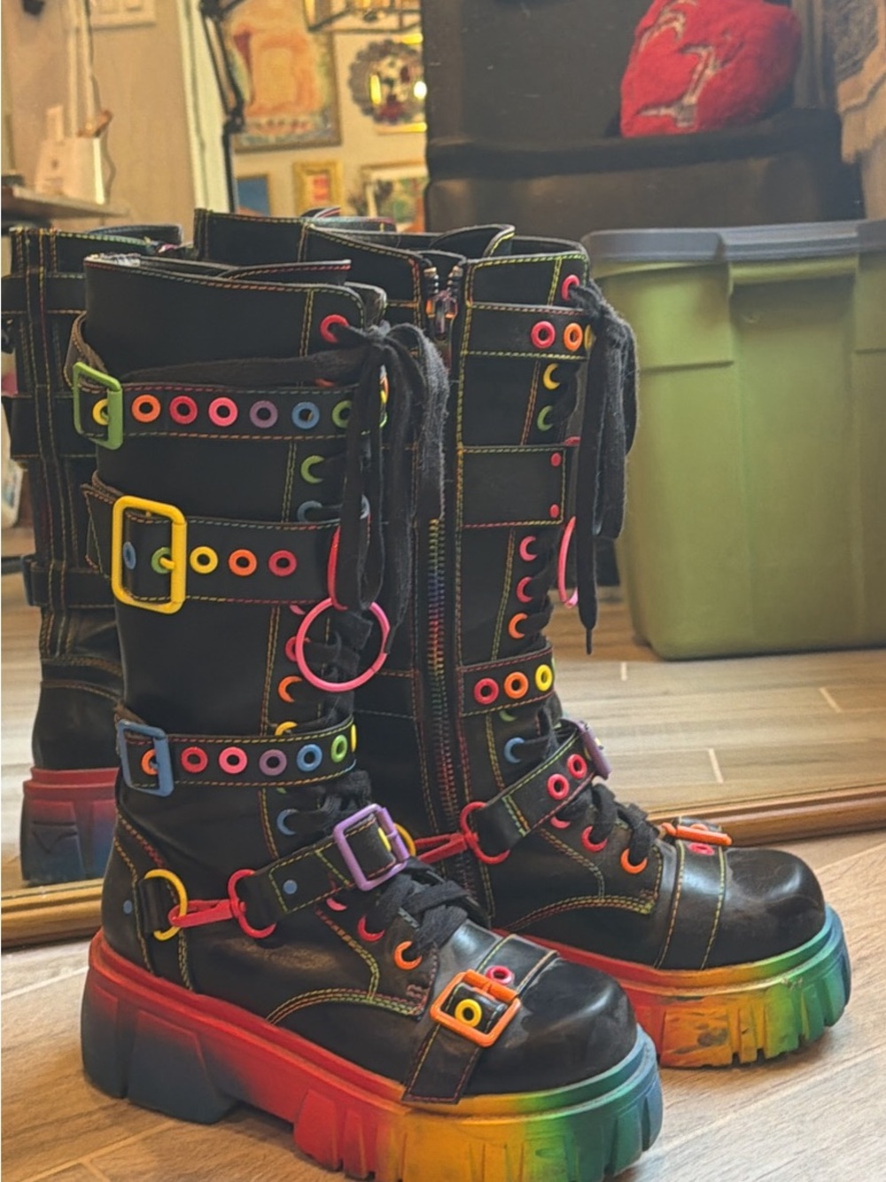Black Rainbow Platform Lace-Up Boots